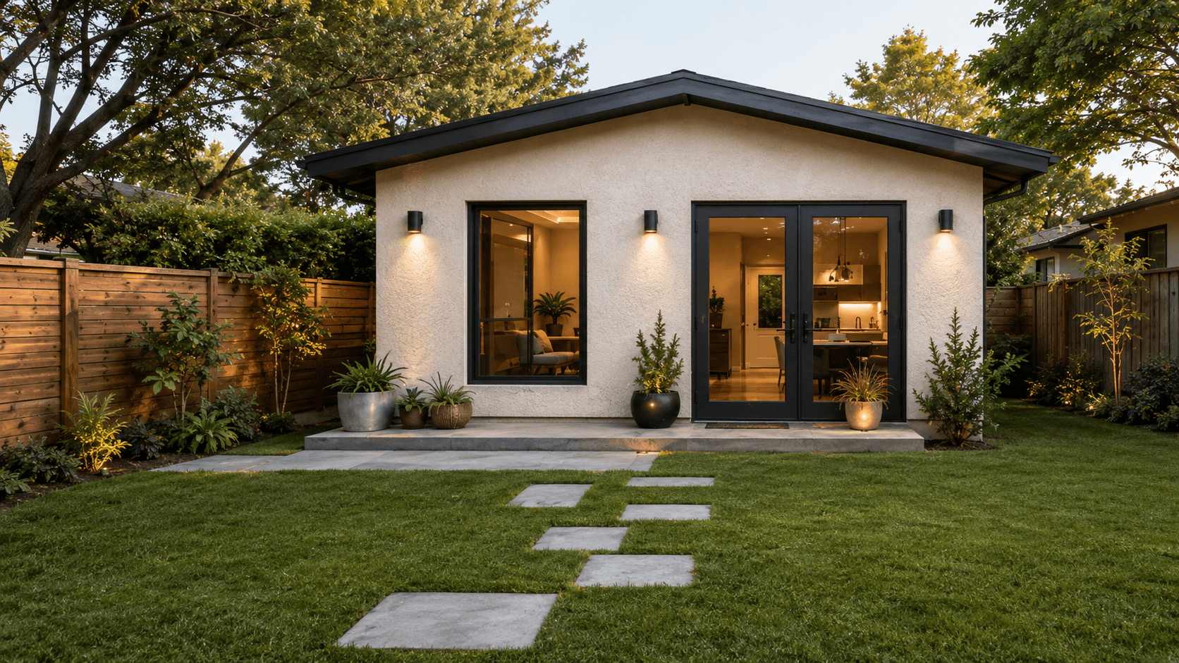 A detached backyard accessory dwelling unit at dusk, with lit interiors visible through large sliding doors.